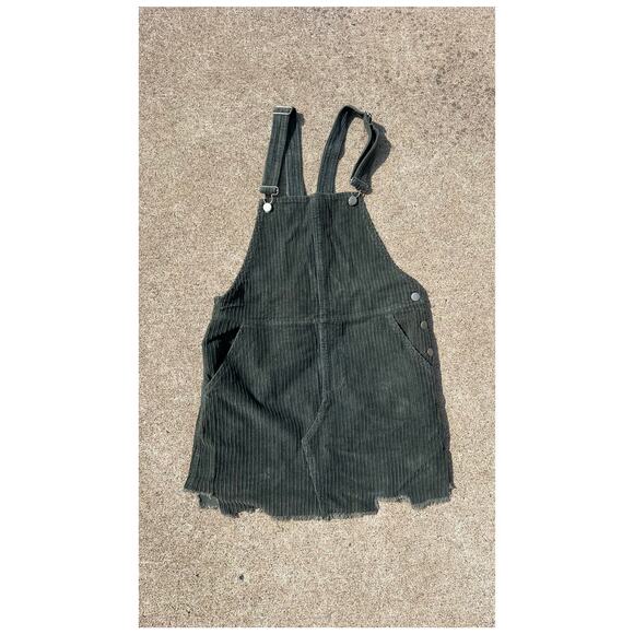 Peach Love Dress Women Size Small Green Corduroy Overall Mini Pockets Raw Hem - Picture 1 of 6